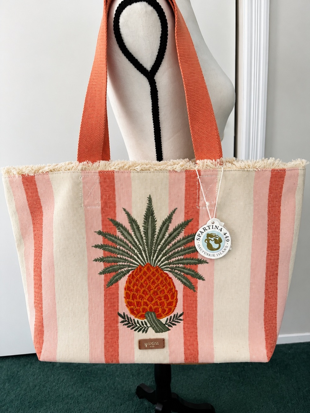 Spartina 449 Coral Striped Pineapple Canvas Tote . Brand new with no tags on it!